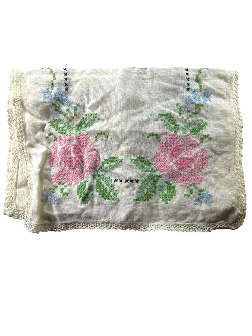 Vtg Hand-Embroidered Floral Table Runner Pink Roses Crochet Edges cottagecore